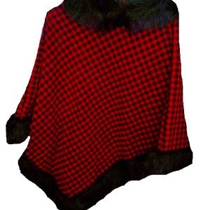 Red plaid fur lined poncho